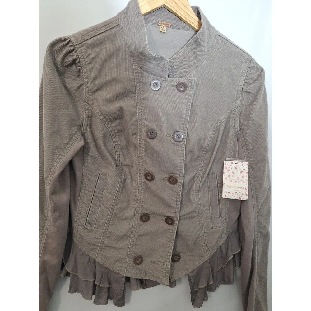 NWT Free People Corduroy Peplum Jacket Sz 8 Ruffles Button Up Military Bohemian